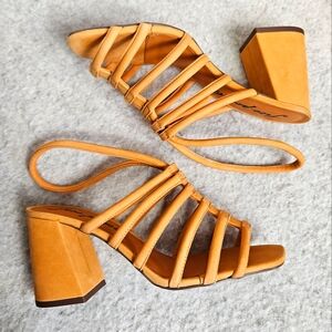 (NEW) Free People Colette Cinched Block Sandal Heels Orange Suede Size 8